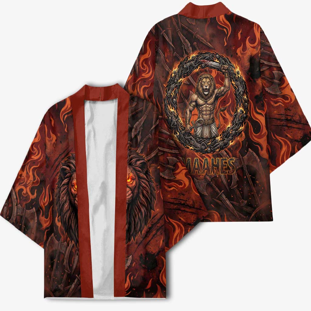 Maahes Kimono Ancient Egyptian Fiery Red Flame - Roaring Lion Head - African Pride