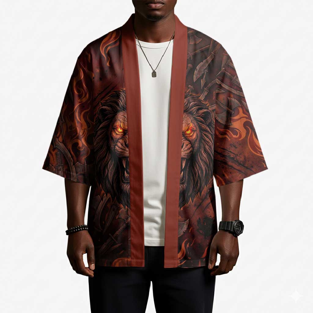 Maahes Kimono Ancient Egyptian Fiery Red Flame - Roaring Lion Head - African Pride