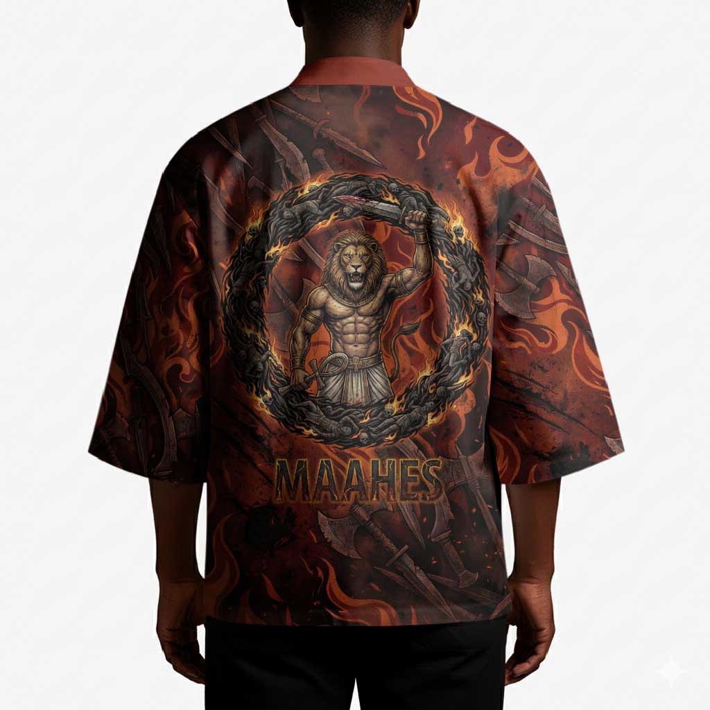 Maahes Kimono Ancient Egyptian Fiery Red Flame - Roaring Lion Head - African Pride