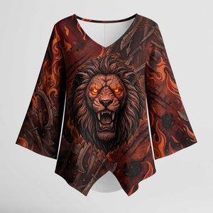 Maahes Kimono Sleeve Blouse Ancient Egyptian Fiery Red Flame - Roaring Lion Head - African Pride