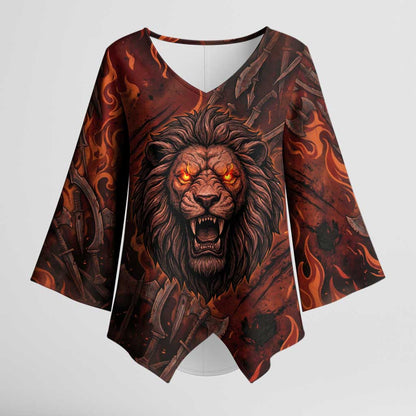 Maahes Kimono Sleeve Blouse Ancient Egyptian Fiery Red Flame - Roaring Lion Head - African Pride