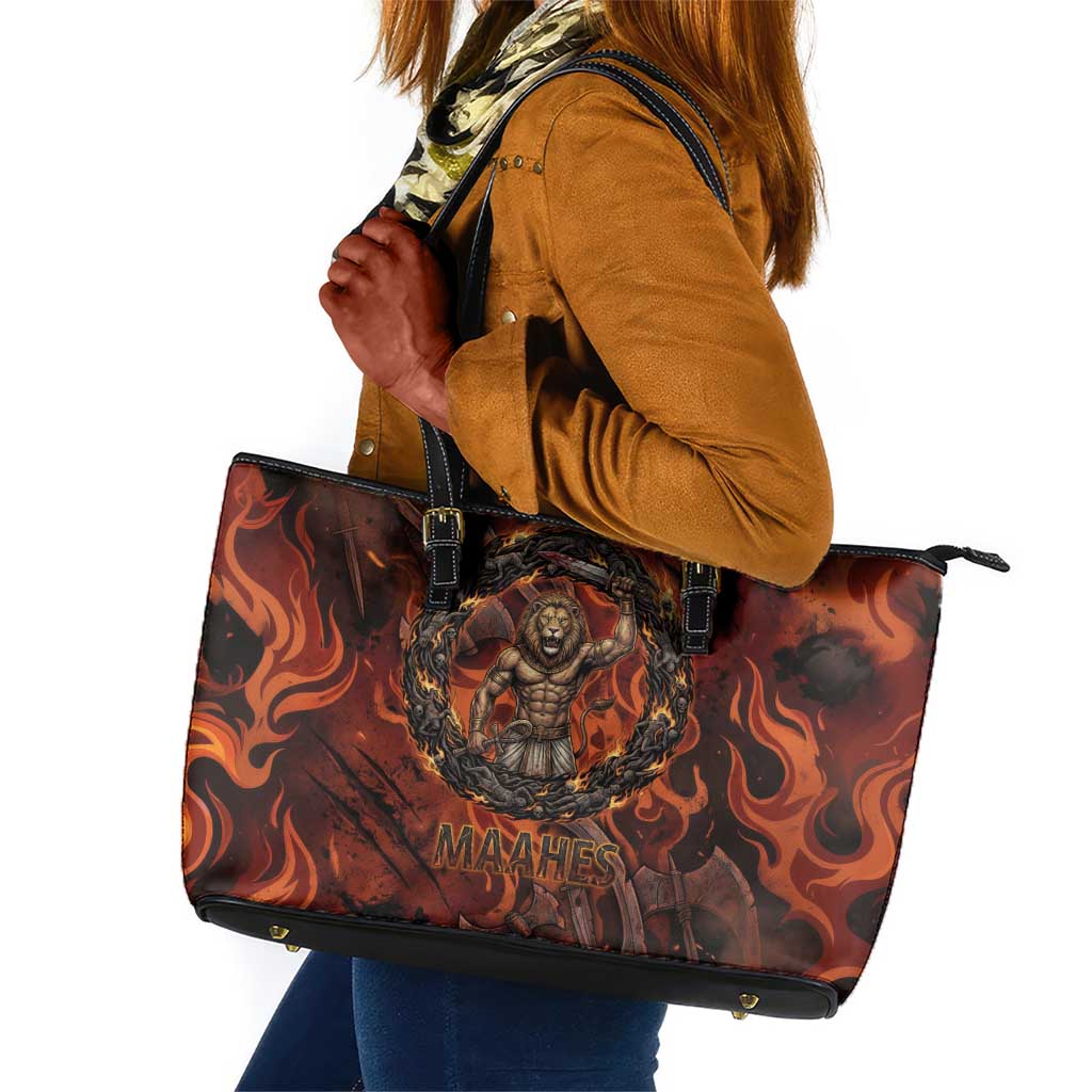 Maahes Leather Tote Bag Ancient Egyptian Fiery Red Flame - Roaring Lion Head - African Pride