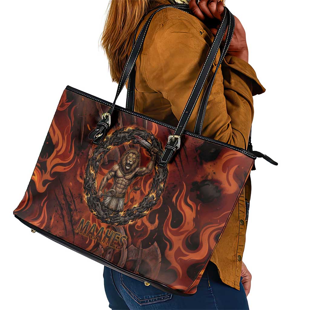 Maahes Leather Tote Bag Ancient Egyptian Fiery Red Flame - Roaring Lion Head - African Pride