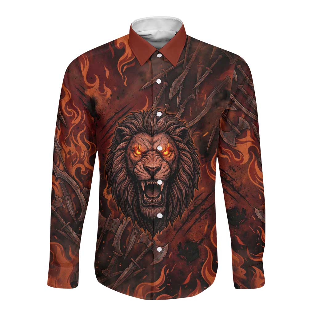 Maahes Long Sleeve Button Shirt Ancient Egyptian Fiery Red Flame - Roaring Lion Head - African Pride