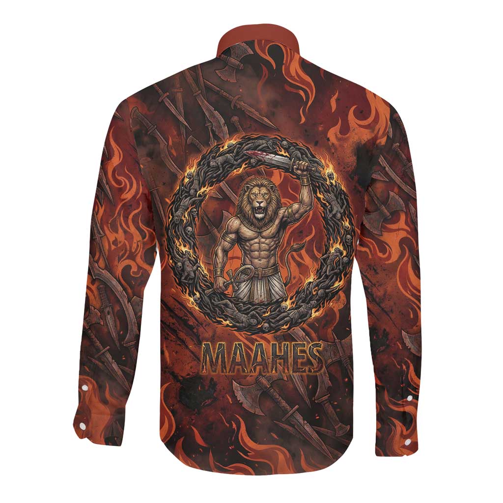 Maahes Long Sleeve Button Shirt Ancient Egyptian Fiery Red Flame - Roaring Lion Head - African Pride