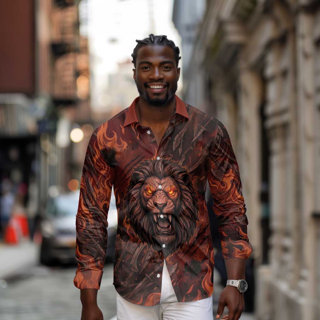 Maahes Long Sleeve Button Shirt Ancient Egyptian Fiery Red Flame - Roaring Lion Head - African Pride