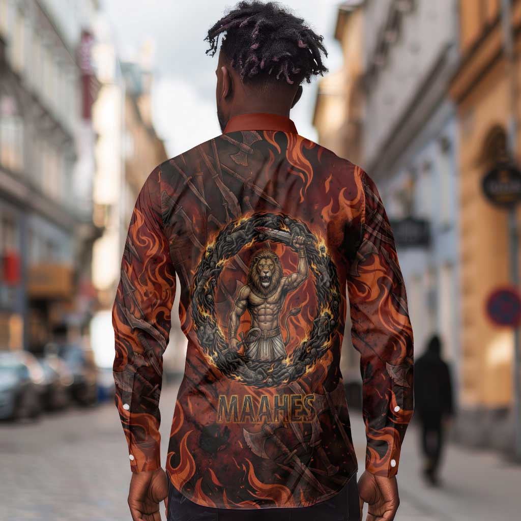 Maahes Long Sleeve Button Shirt Ancient Egyptian Fiery Red Flame - Roaring Lion Head - African Pride