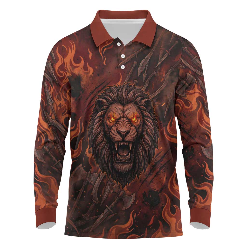 Maahes Long Sleeve Polo Shirt Ancient Egyptian Fiery Red Flame - Roaring Lion Head - African Pride
