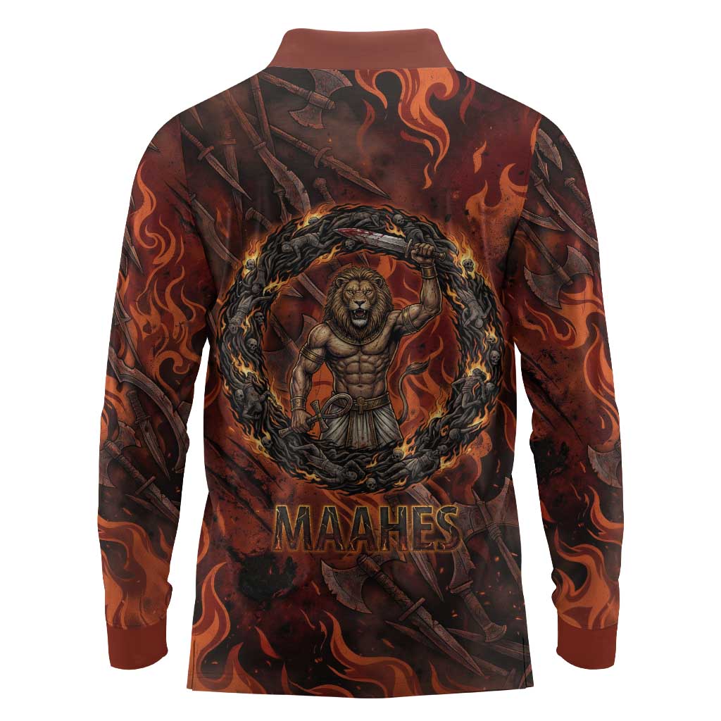 Maahes Long Sleeve Polo Shirt Ancient Egyptian Fiery Red Flame - Roaring Lion Head - African Pride