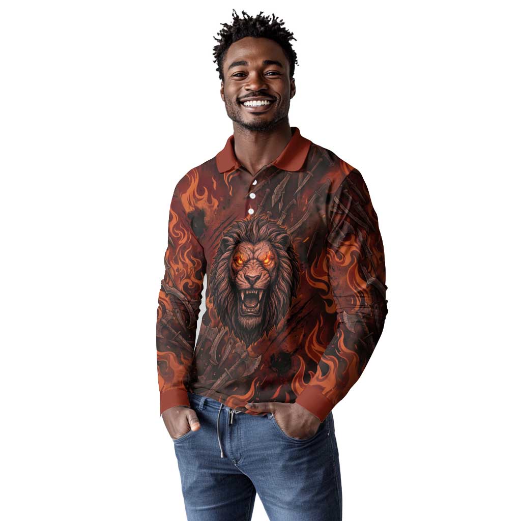 Maahes Long Sleeve Polo Shirt Ancient Egyptian Fiery Red Flame - Roaring Lion Head - African Pride