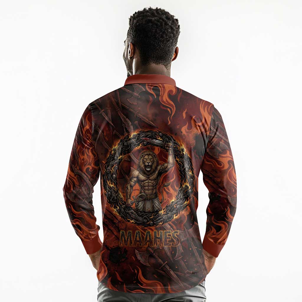 Maahes Long Sleeve Polo Shirt Ancient Egyptian Fiery Red Flame - Roaring Lion Head - African Pride