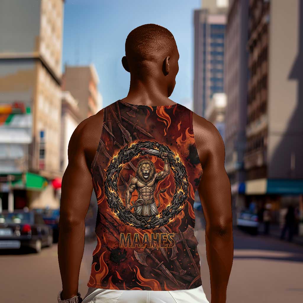Maahes Men Tank Top Ancient Egyptian Fiery Red Flame - Roaring Lion Head - African Pride