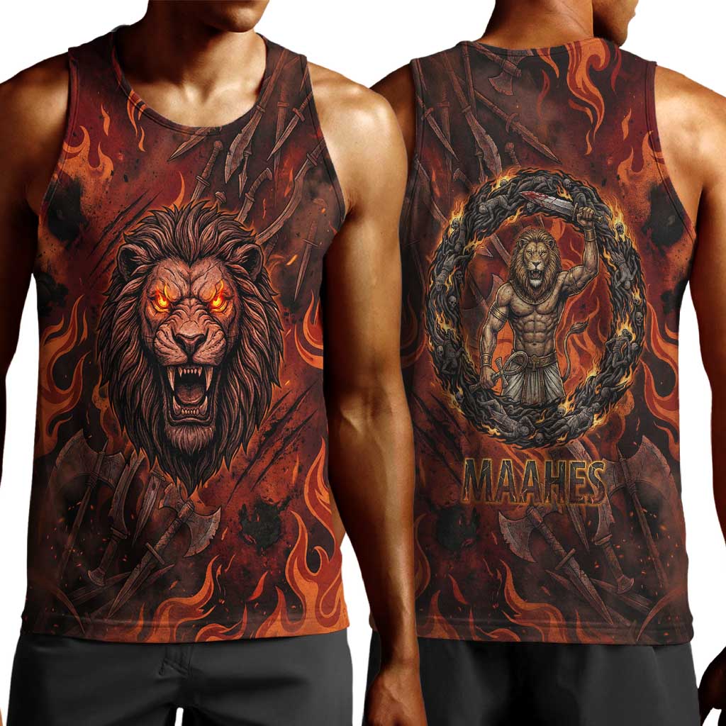 Maahes Men Tank Top Ancient Egyptian Fiery Red Flame - Roaring Lion Head - African Pride
