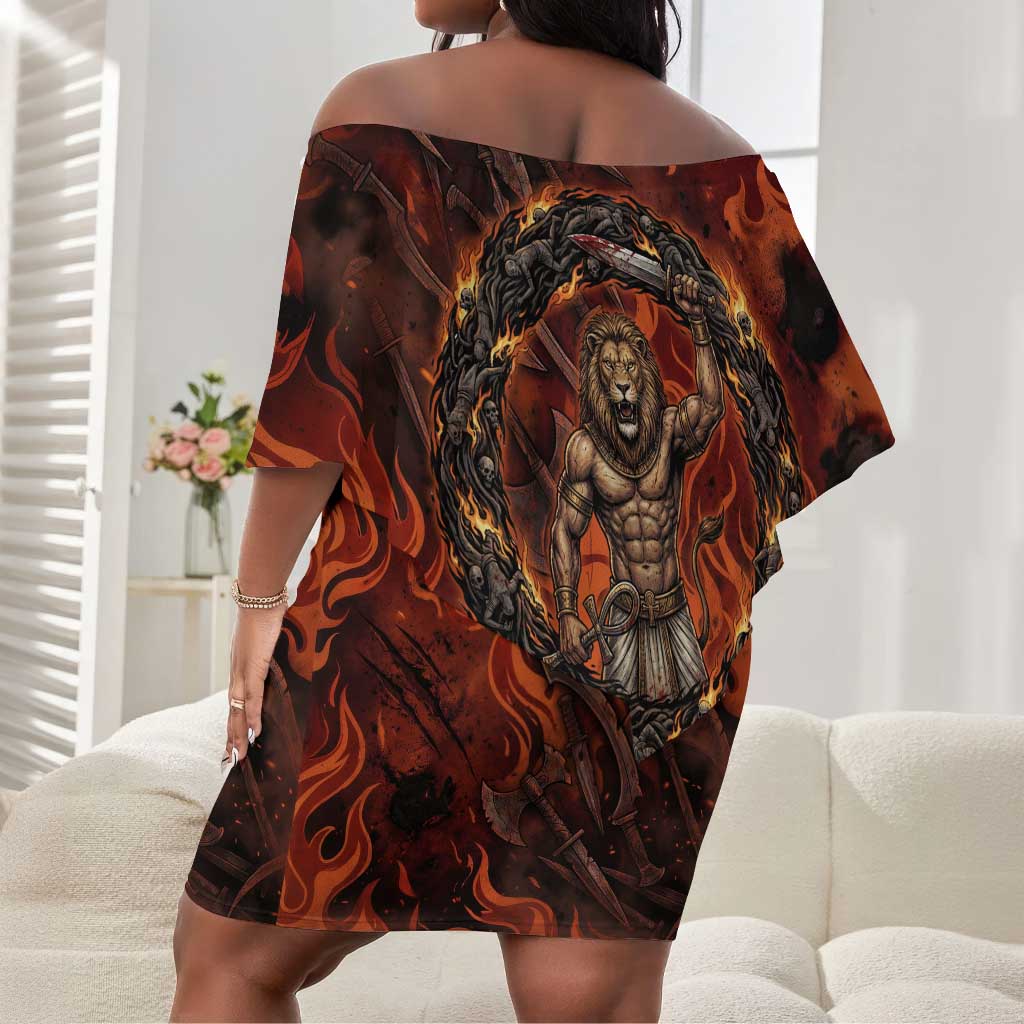 Maahes Off Shoulder Short Dress Ancient Egyptian Fiery Red Flame - Roaring Lion Head - African Pride