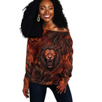 Maahes Off Shoulder Sweater Ancient Egyptian Fiery Red Flame - Roaring Lion Head - African Pride