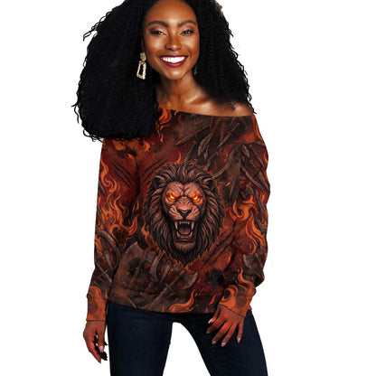 Maahes Off Shoulder Sweater Ancient Egyptian Fiery Red Flame - Roaring Lion Head - African Pride