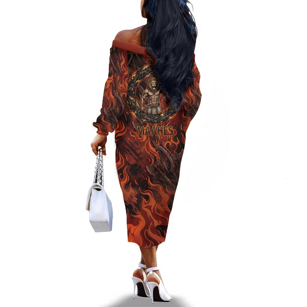 Maahes Off The Shoulder Long Sleeve Dress Ancient Egyptian Fiery Red Flame - Roaring Lion Head - African Pride
