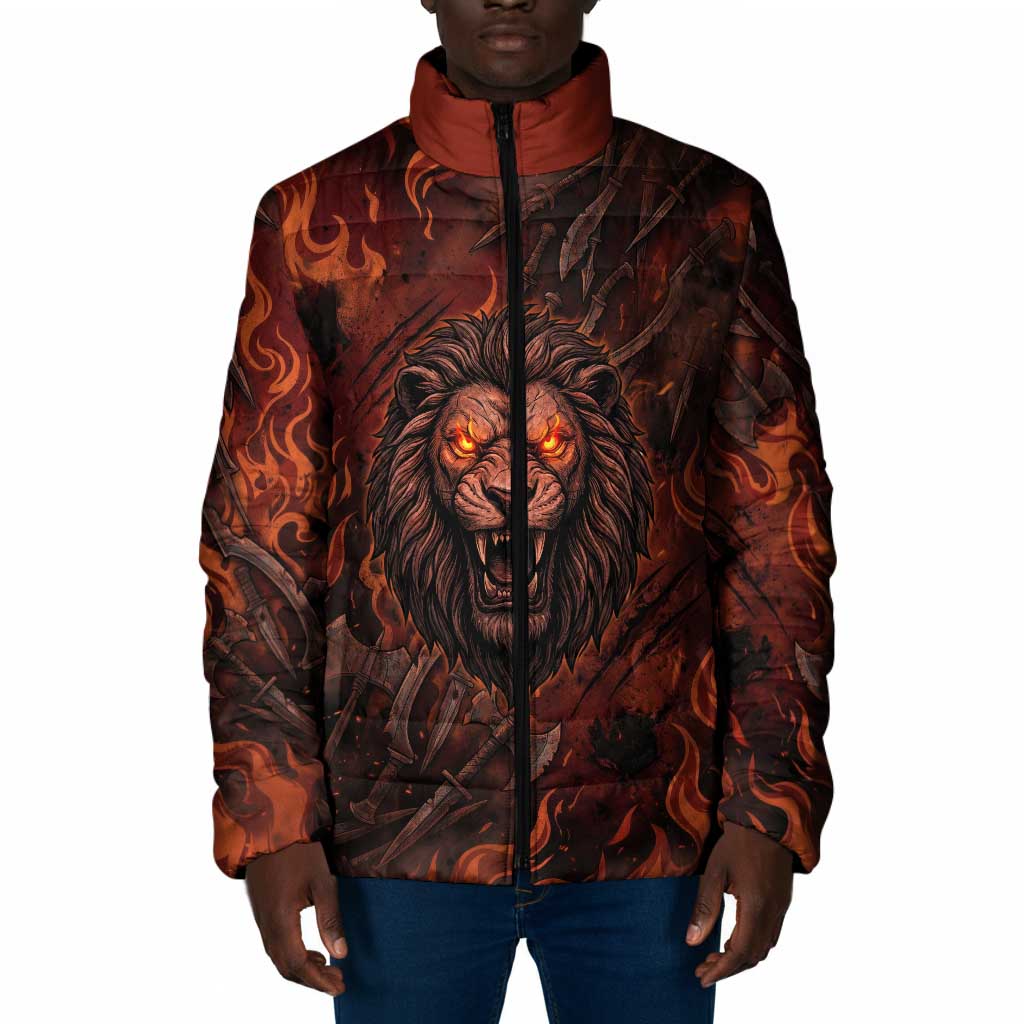 Maahes Padded Jacket Ancient Egyptian Fiery Red Flame - Roaring Lion Head - African Pride