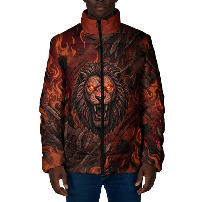 Maahes Padded Jacket Ancient Egyptian Fiery Red Flame - Roaring Lion Head - African Pride