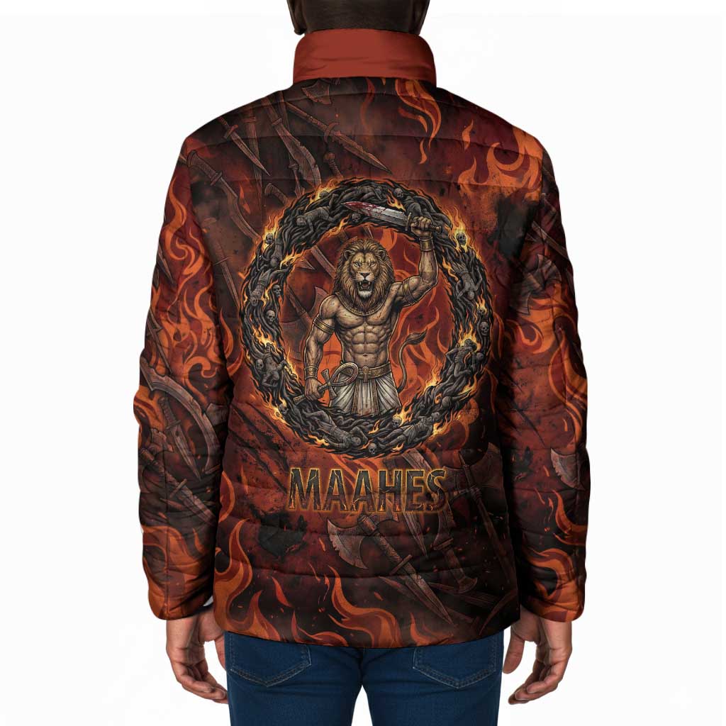 Maahes Padded Jacket Ancient Egyptian Fiery Red Flame - Roaring Lion Head - African Pride
