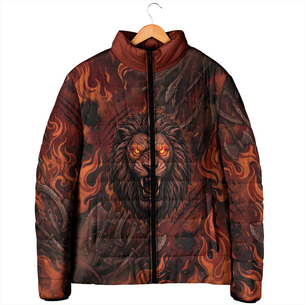 Maahes Padded Jacket Ancient Egyptian Fiery Red Flame - Roaring Lion Head - African Pride