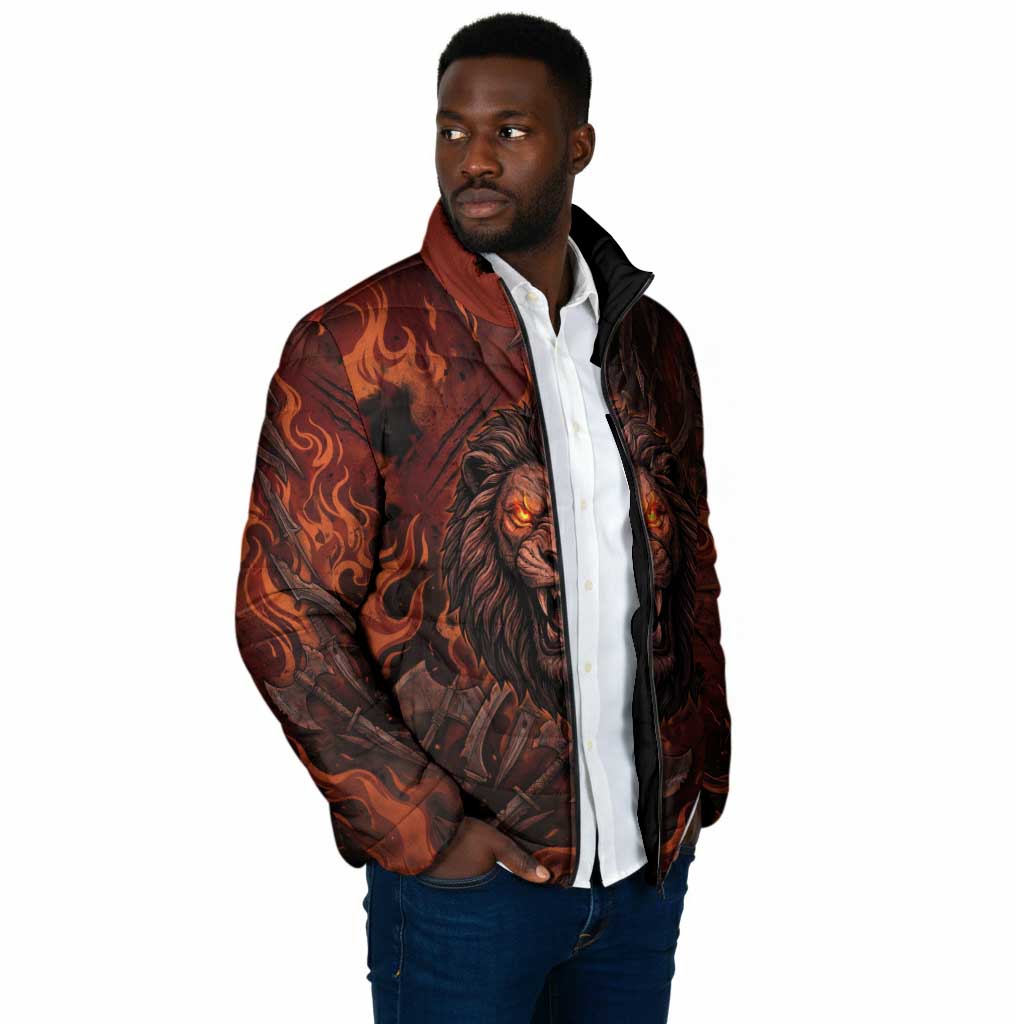 Maahes Padded Jacket Ancient Egyptian Fiery Red Flame - Roaring Lion Head - African Pride