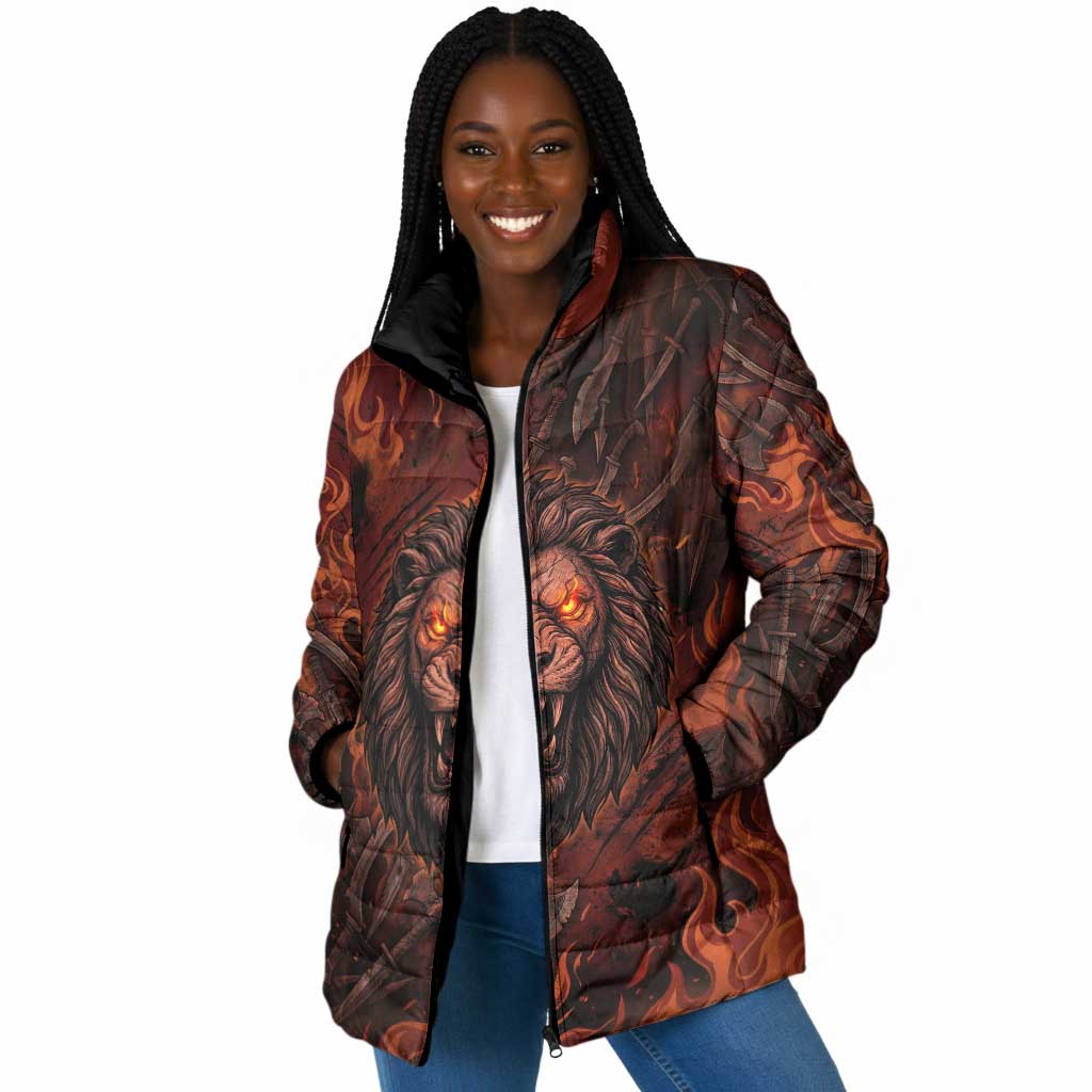 Maahes Padded Jacket Ancient Egyptian Fiery Red Flame - Roaring Lion Head - African Pride
