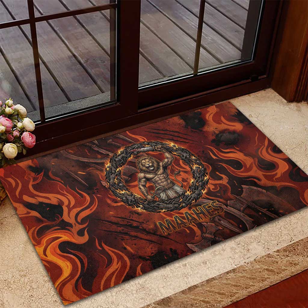 Maahes Rubber Doormat Ancient Egyptian Fiery Red Flame - Roaring Lion Head - African Pride