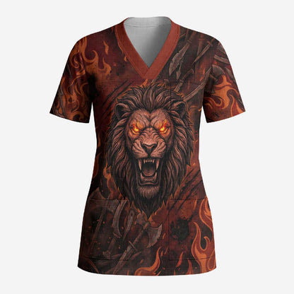 Maahes Scrub Top Ancient Egyptian Fiery Red Flame - Roaring Lion Head - African Pride