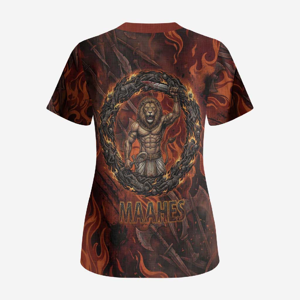 Maahes Scrub Top Ancient Egyptian Fiery Red Flame - Roaring Lion Head - African Pride