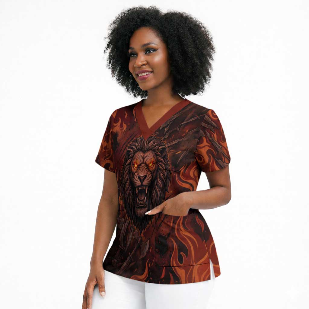 Maahes Scrub Top Ancient Egyptian Fiery Red Flame - Roaring Lion Head - African Pride