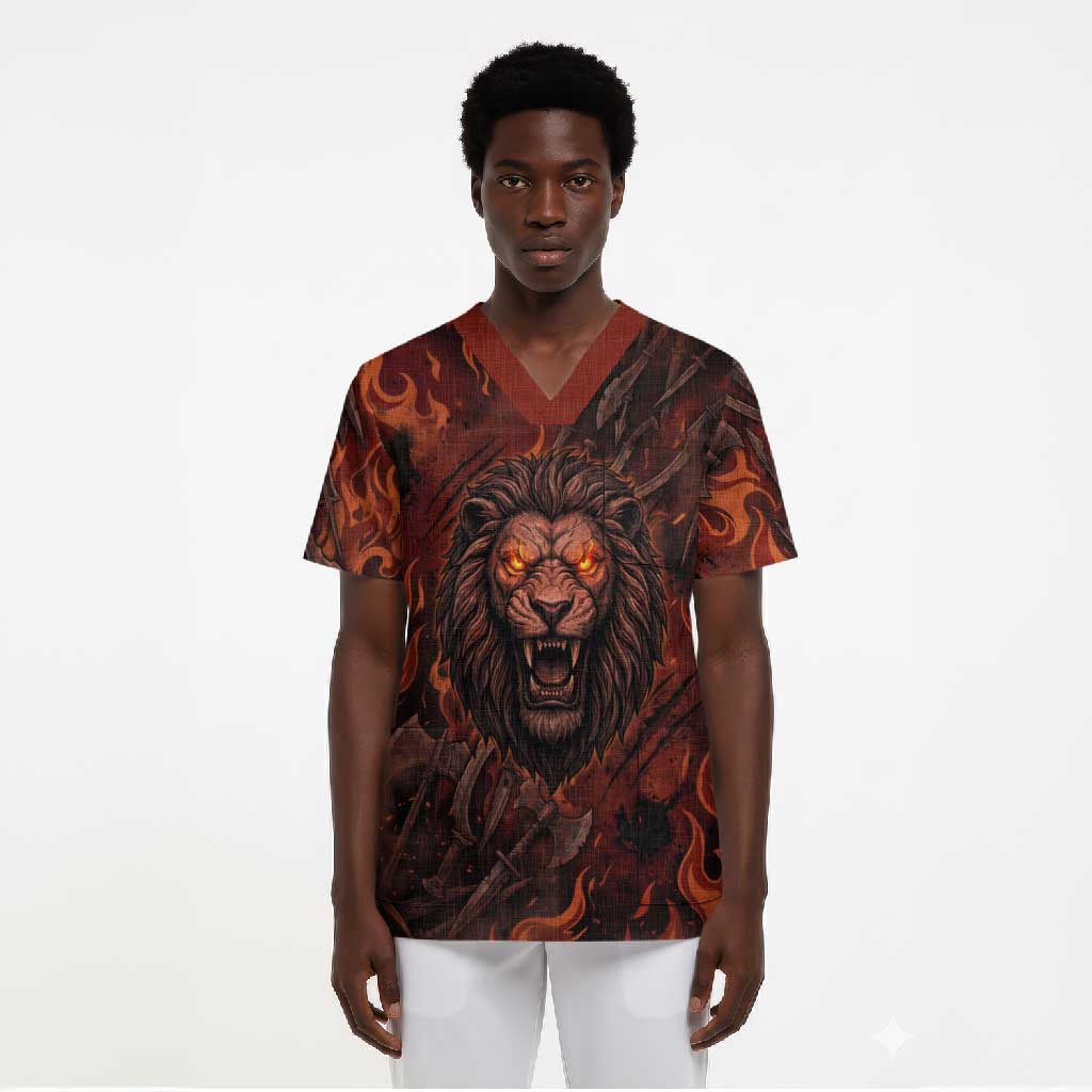 Maahes Scrub Top Ancient Egyptian Fiery Red Flame - Roaring Lion Head - African Pride