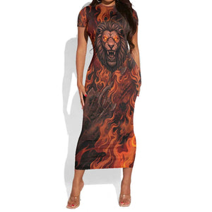 Maahes Short Sleeve Bodycon Dress Ancient Egyptian Fiery Red Flame - Roaring Lion Head - African Pride