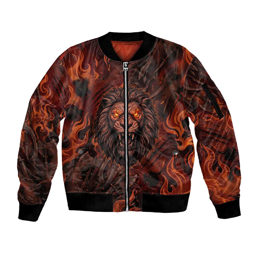 Maahes Sleeve Zip Bomber Jacket Ancient Egyptian Fiery Red Flame - Roaring Lion Head - African Pride