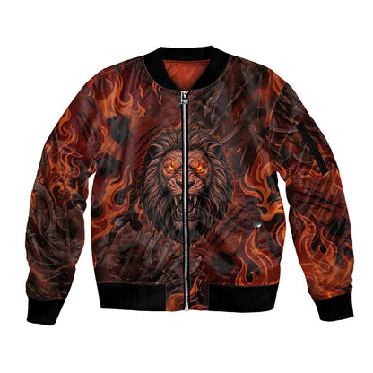 Maahes Sleeve Zip Bomber Jacket Ancient Egyptian Fiery Red Flame - Roaring Lion Head - African Pride