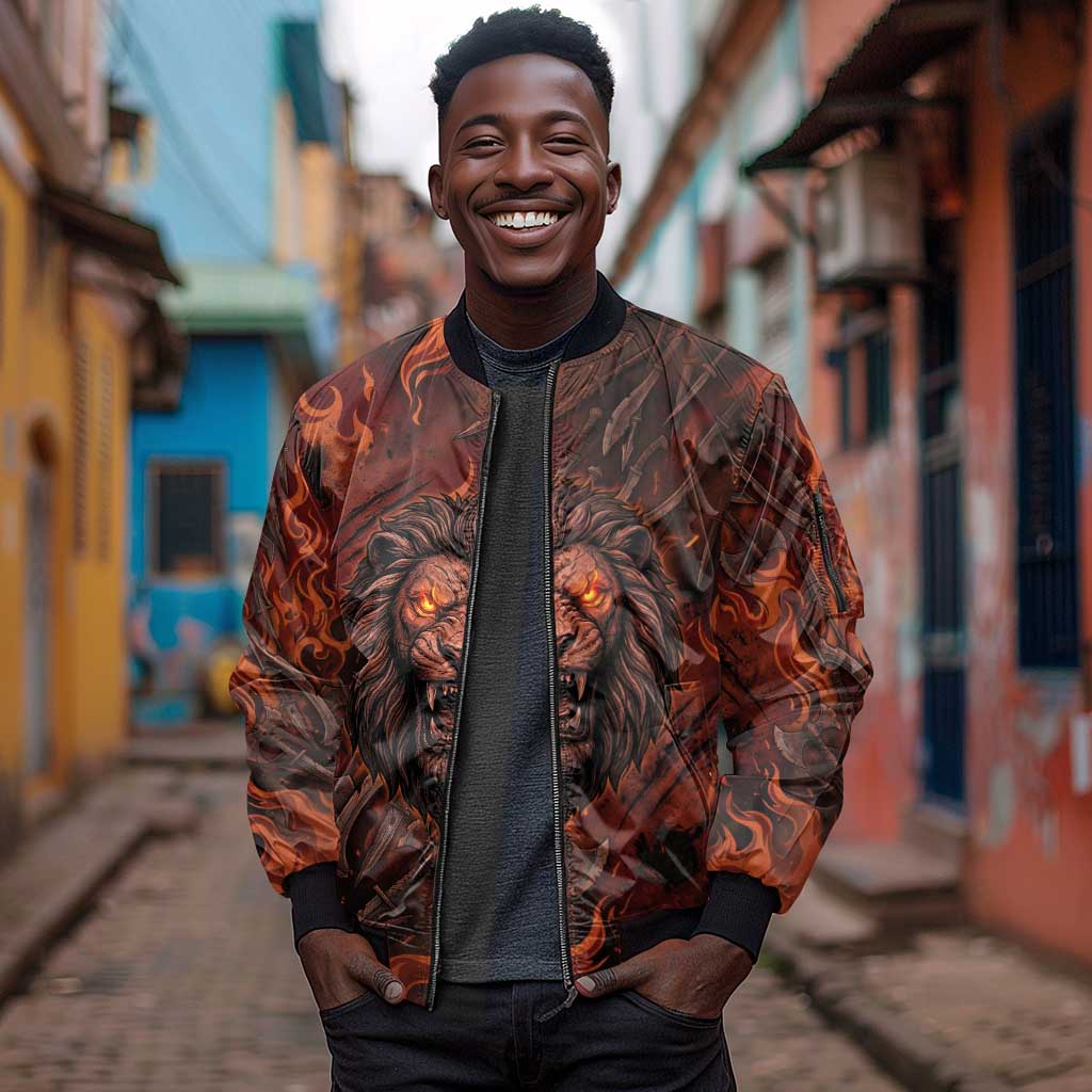 Maahes Sleeve Zip Bomber Jacket Ancient Egyptian Fiery Red Flame - Roaring Lion Head - African Pride
