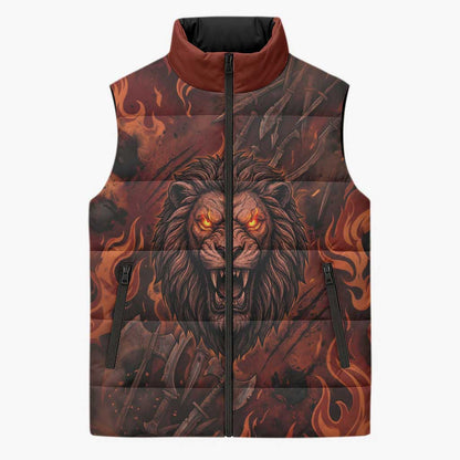 Maahes Sleeveless Puffer Jacket Ancient Egyptian Fiery Red Flame - Roaring Lion Head - African Pride