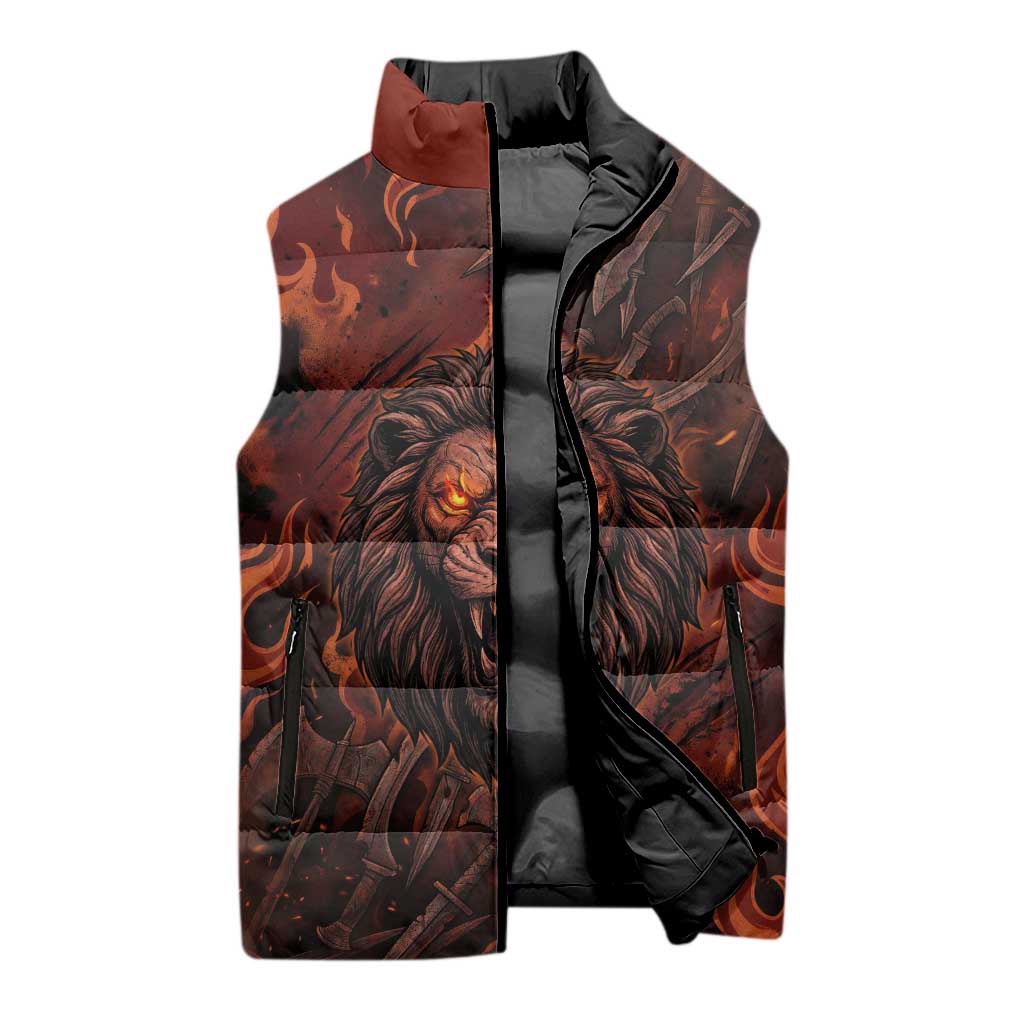 Maahes Sleeveless Puffer Jacket Ancient Egyptian Fiery Red Flame - Roaring Lion Head - African Pride