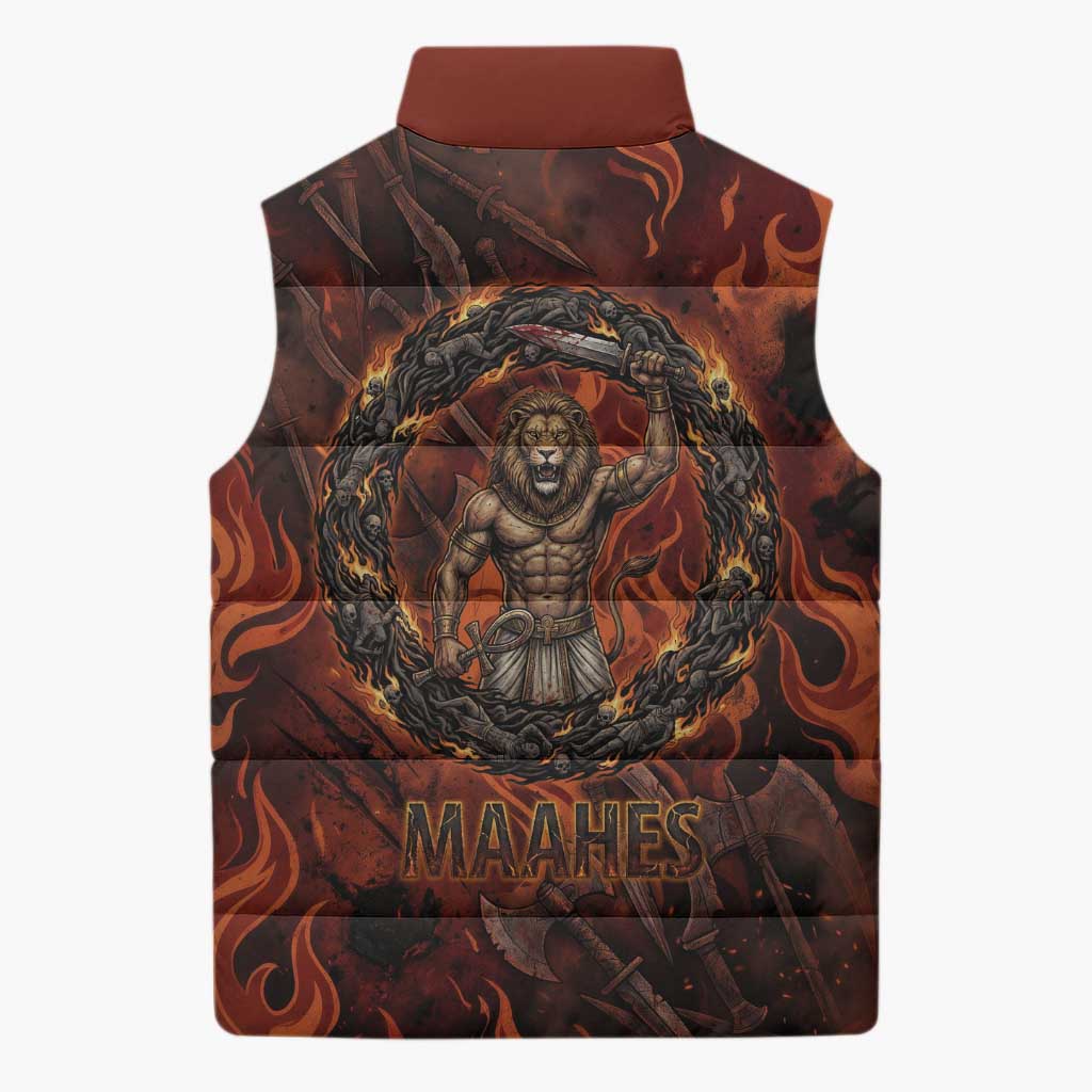 Maahes Sleeveless Puffer Jacket Ancient Egyptian Fiery Red Flame - Roaring Lion Head - African Pride