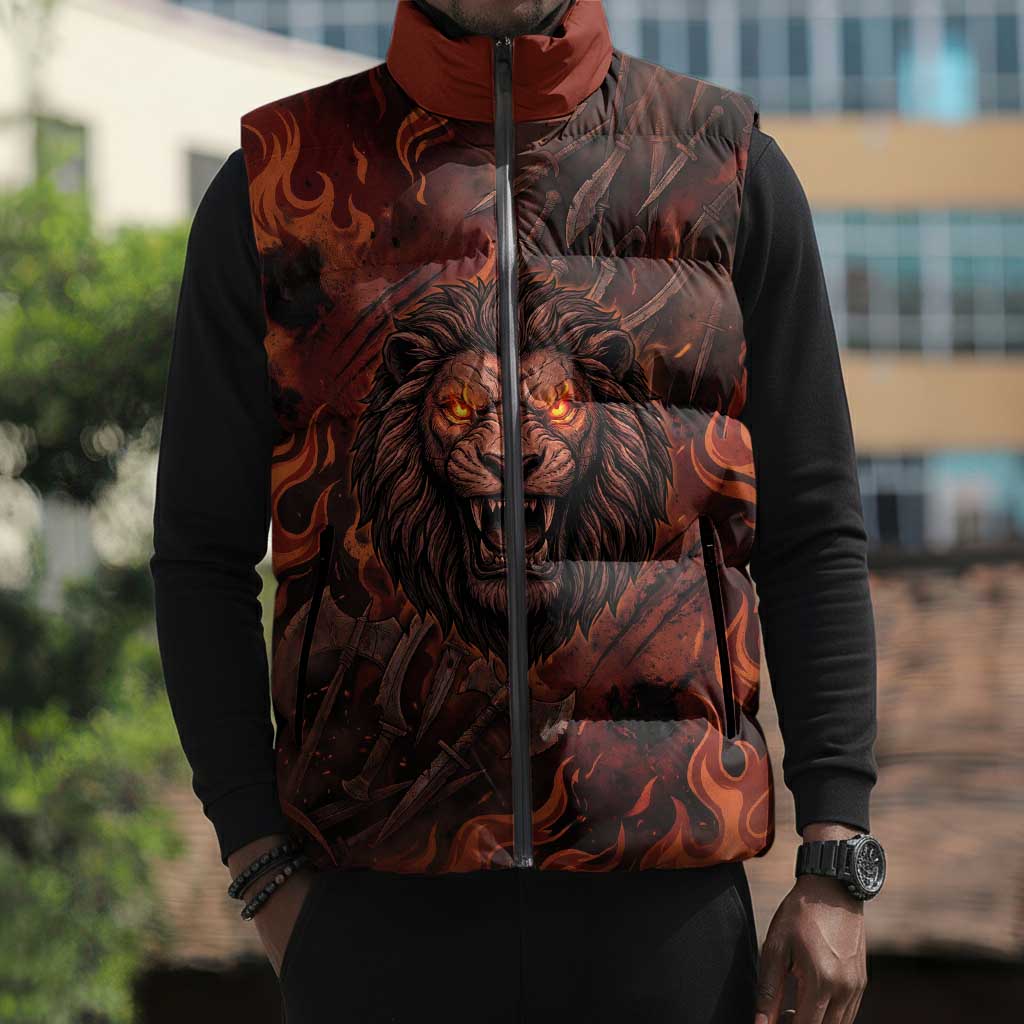 Maahes Sleeveless Puffer Jacket Ancient Egyptian Fiery Red Flame - Roaring Lion Head - African Pride