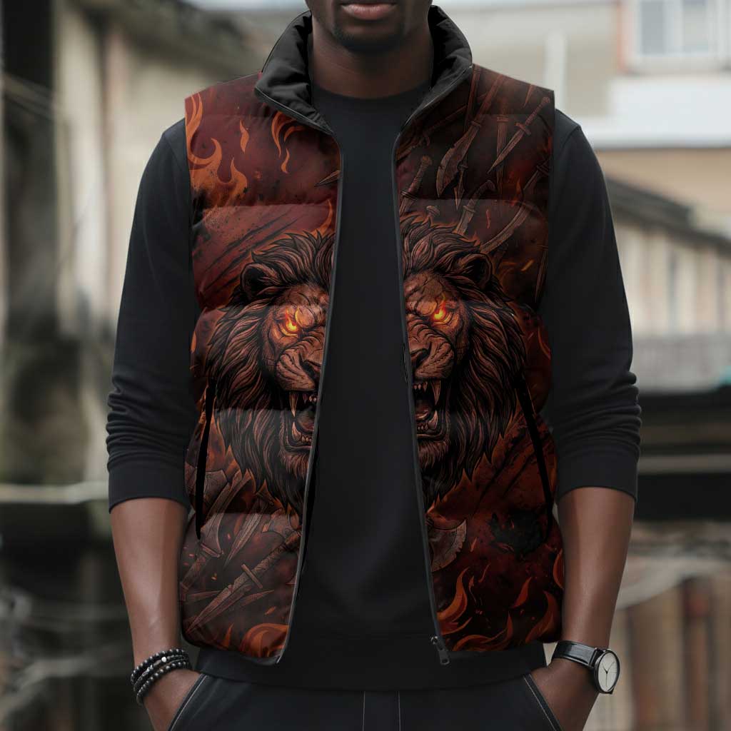 Maahes Sleeveless Puffer Jacket Ancient Egyptian Fiery Red Flame - Roaring Lion Head - African Pride