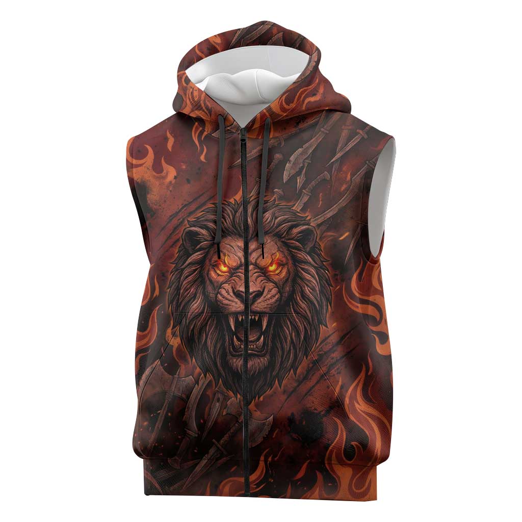 Maahes Sleeveless Zip Hoodie Ancient Egyptian Fiery Red Flame - Roaring Lion Head - African Pride