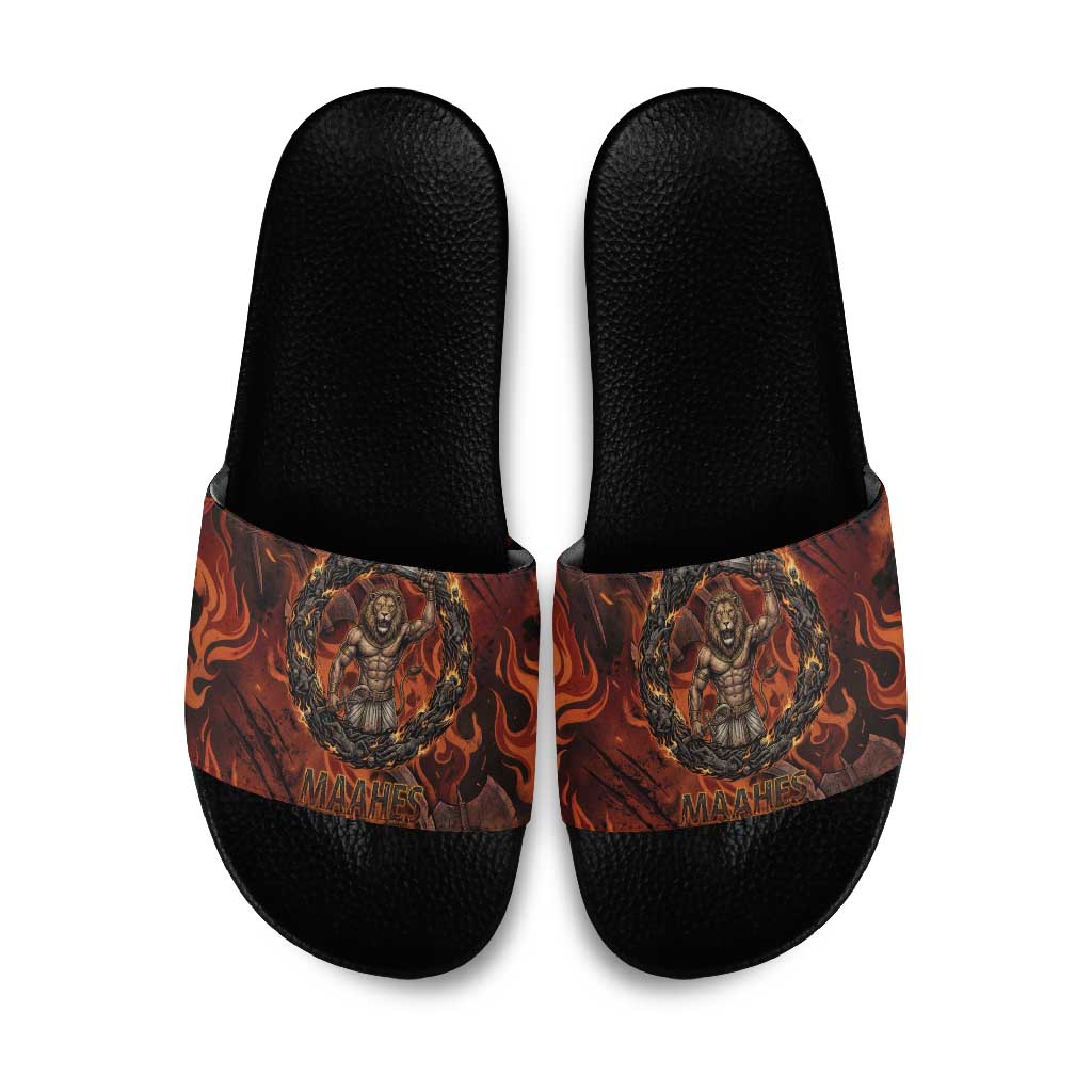 Maahes Slide Sandals Ancient Egyptian Fiery Red Flame - Roaring Lion Head - African Pride