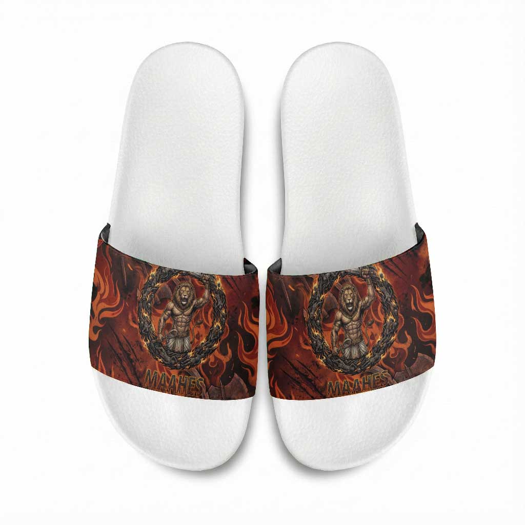 Maahes Slide Sandals Ancient Egyptian Fiery Red Flame - Roaring Lion Head - African Pride