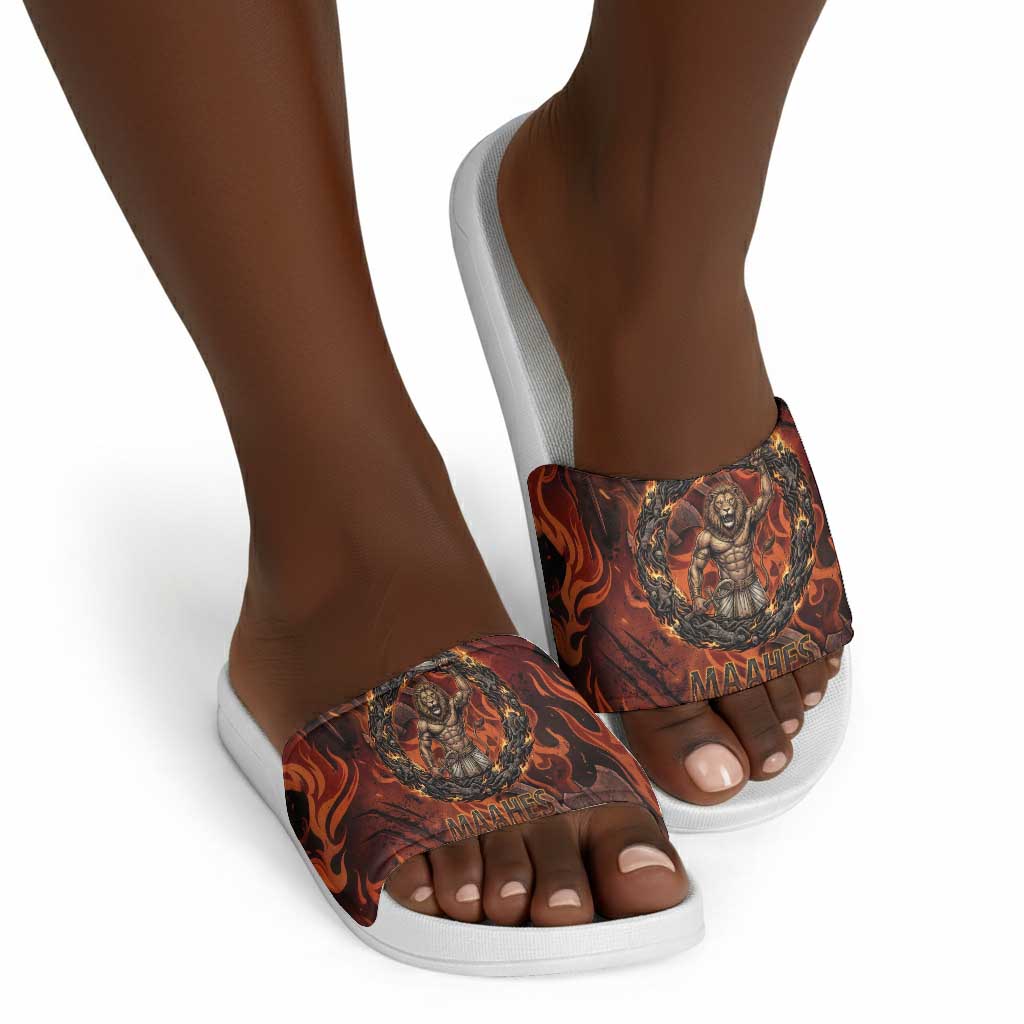 Maahes Slide Sandals Ancient Egyptian Fiery Red Flame - Roaring Lion Head - African Pride