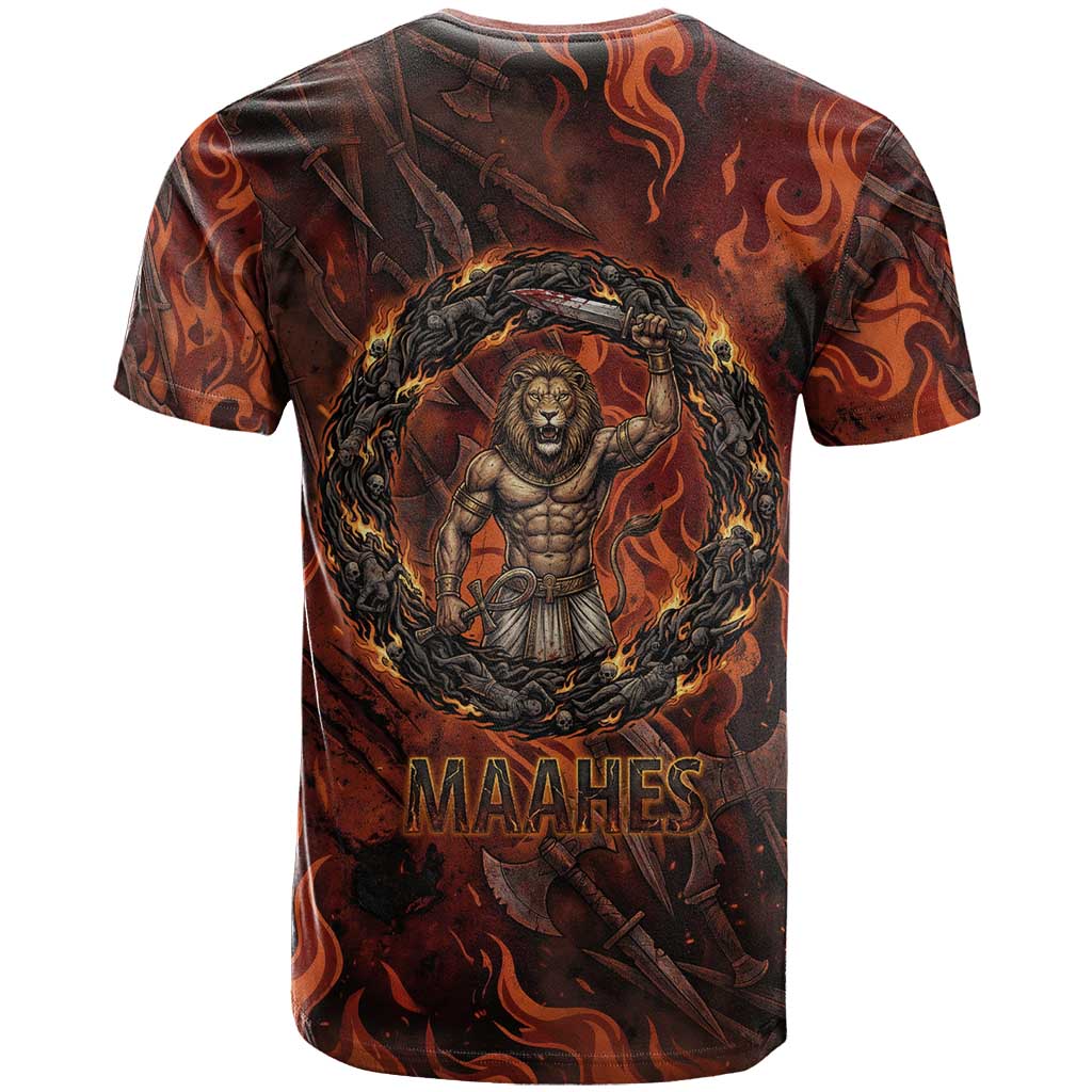 Maahes T shirt Ancient Egyptian Fiery Red Flame - Roaring Lion Head - African Pride