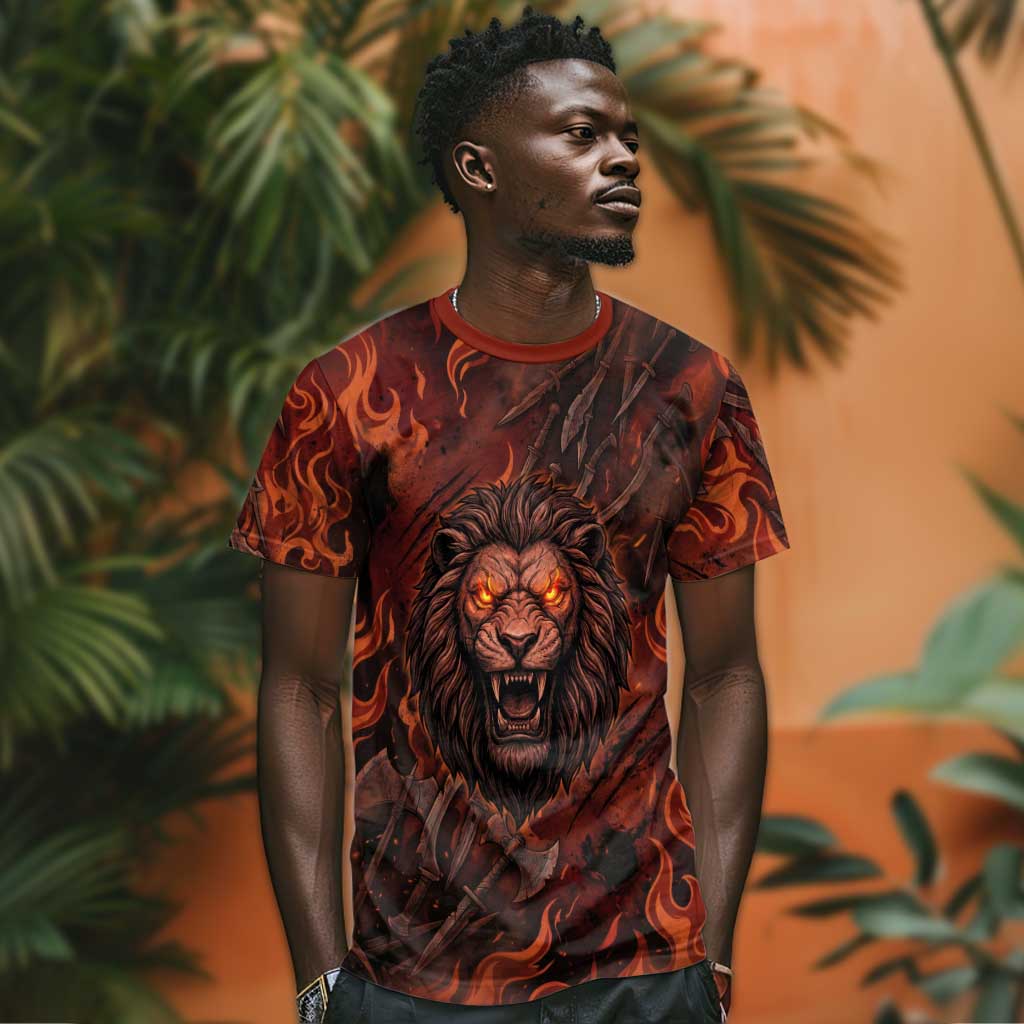 Maahes T shirt Ancient Egyptian Fiery Red Flame - Roaring Lion Head - African Pride