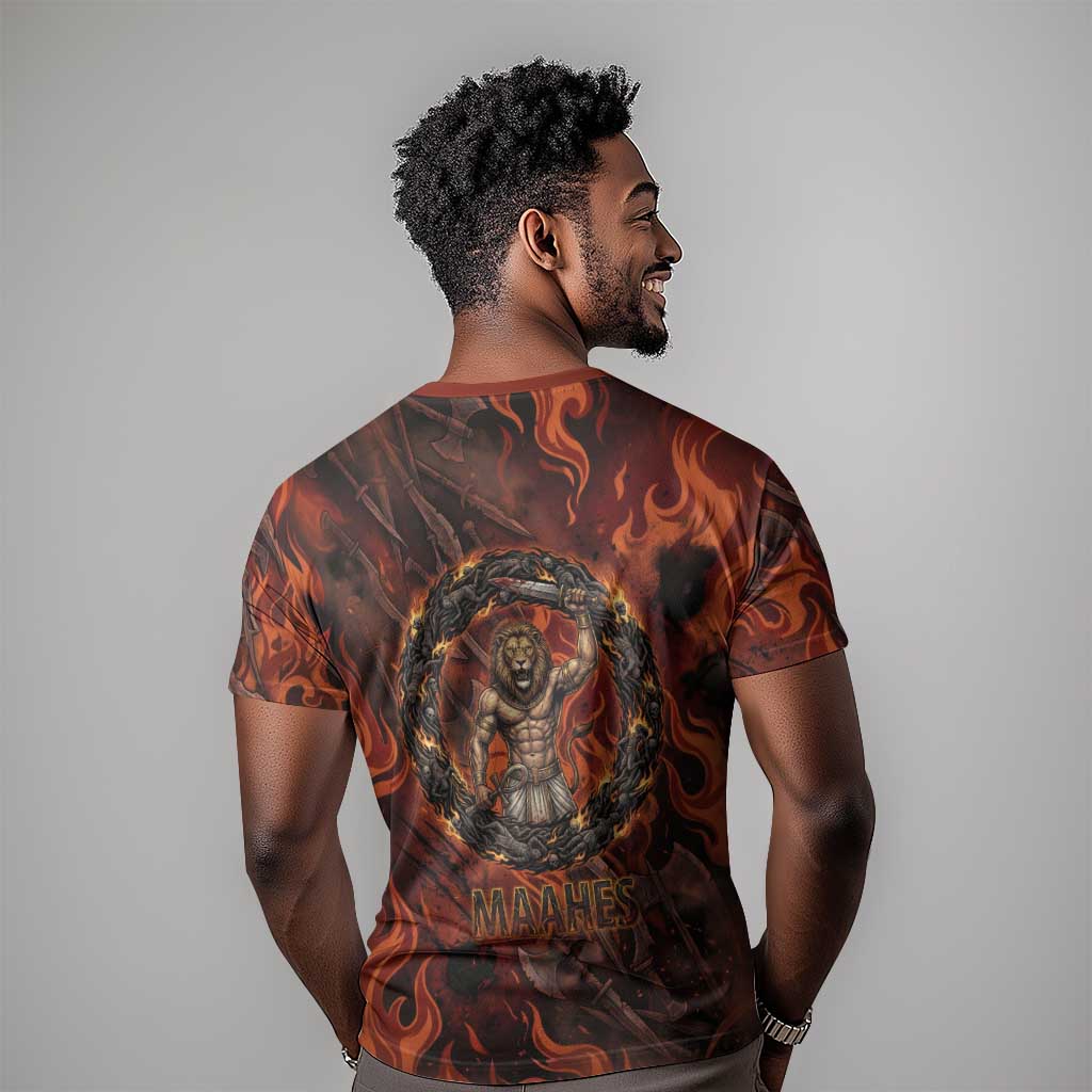 Maahes T shirt Ancient Egyptian Fiery Red Flame - Roaring Lion Head - African Pride