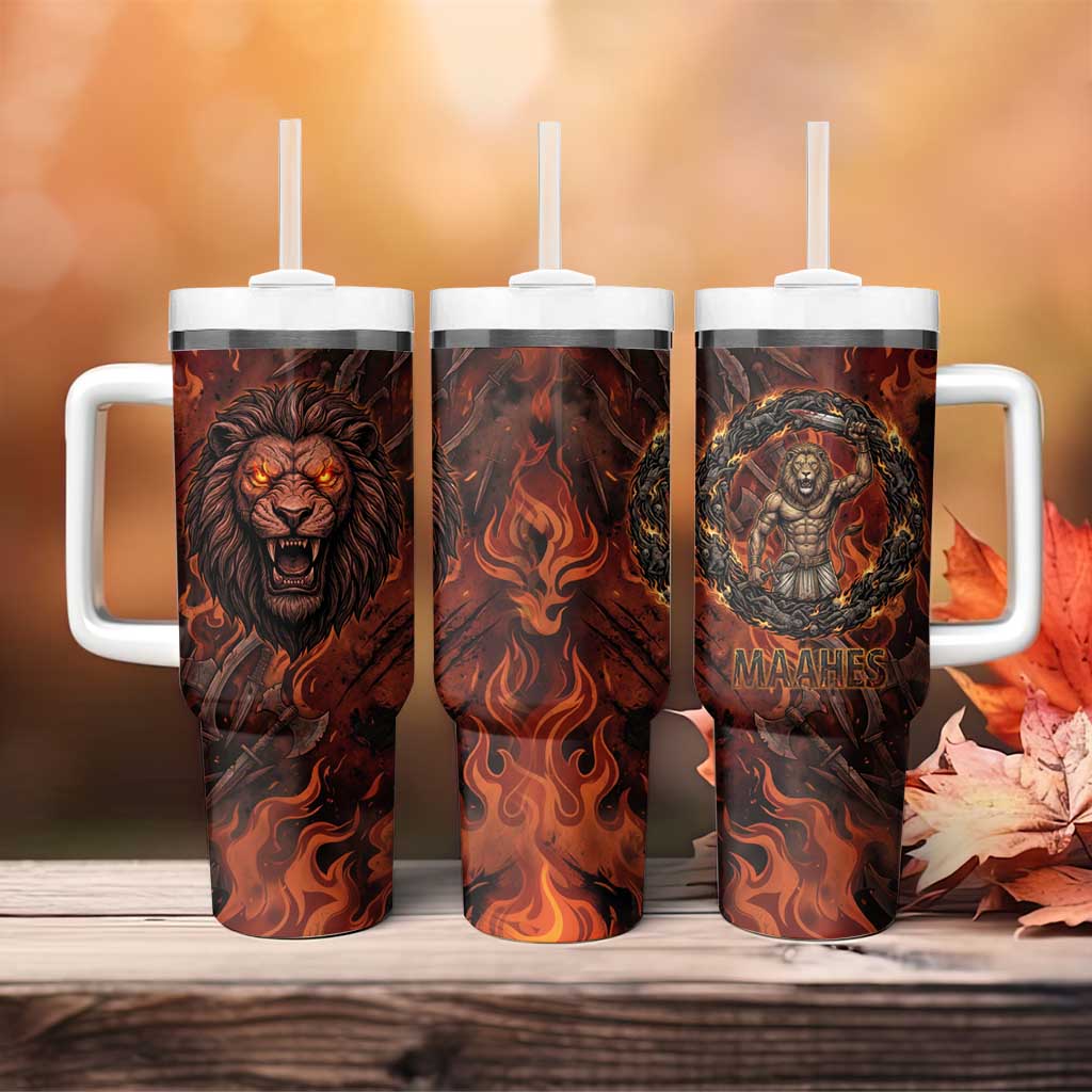 Maahes Tumbler With Handle Ancient Egyptian Fiery Red Flame - Roaring Lion Head - African Pride