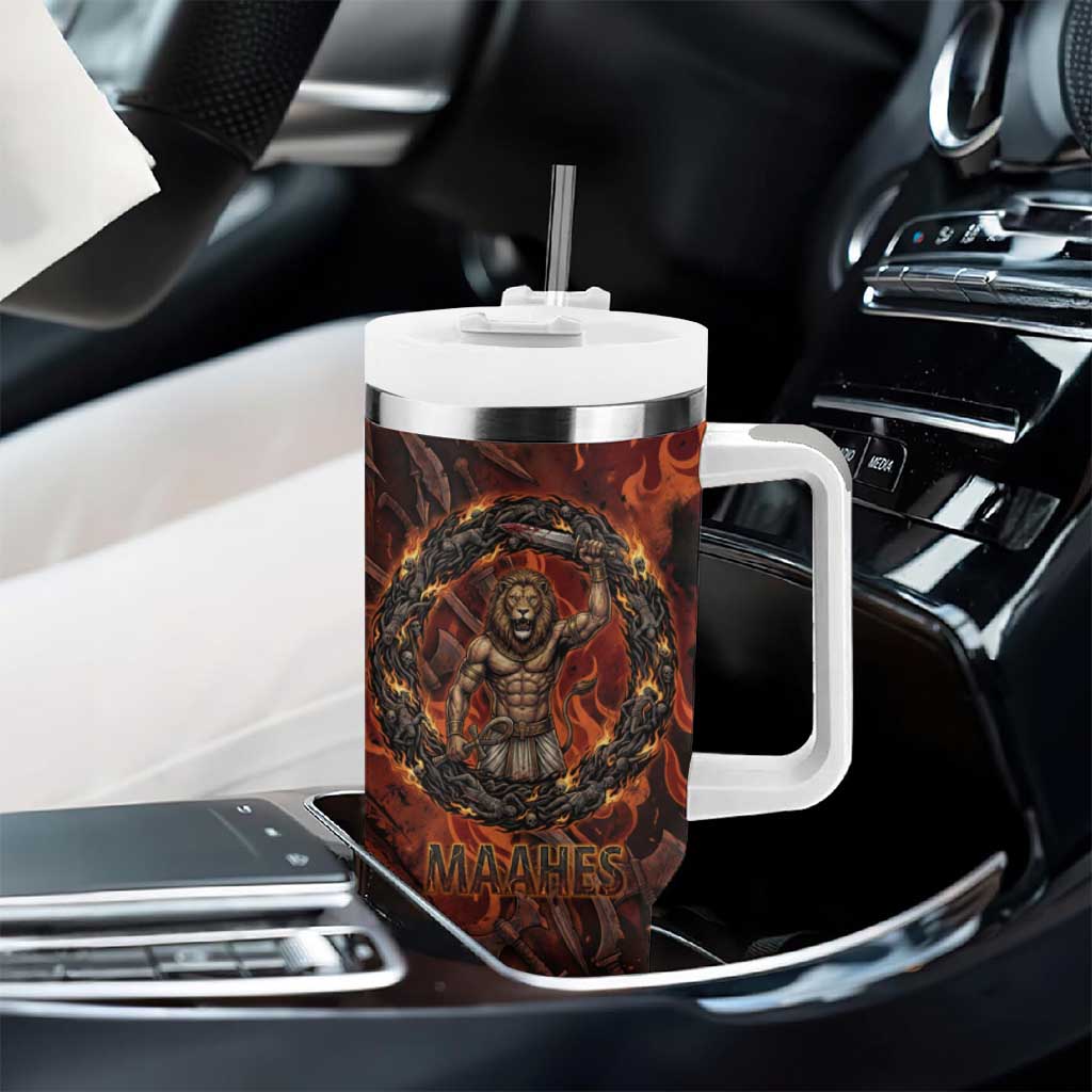 Maahes Tumbler With Handle Ancient Egyptian Fiery Red Flame - Roaring Lion Head - African Pride